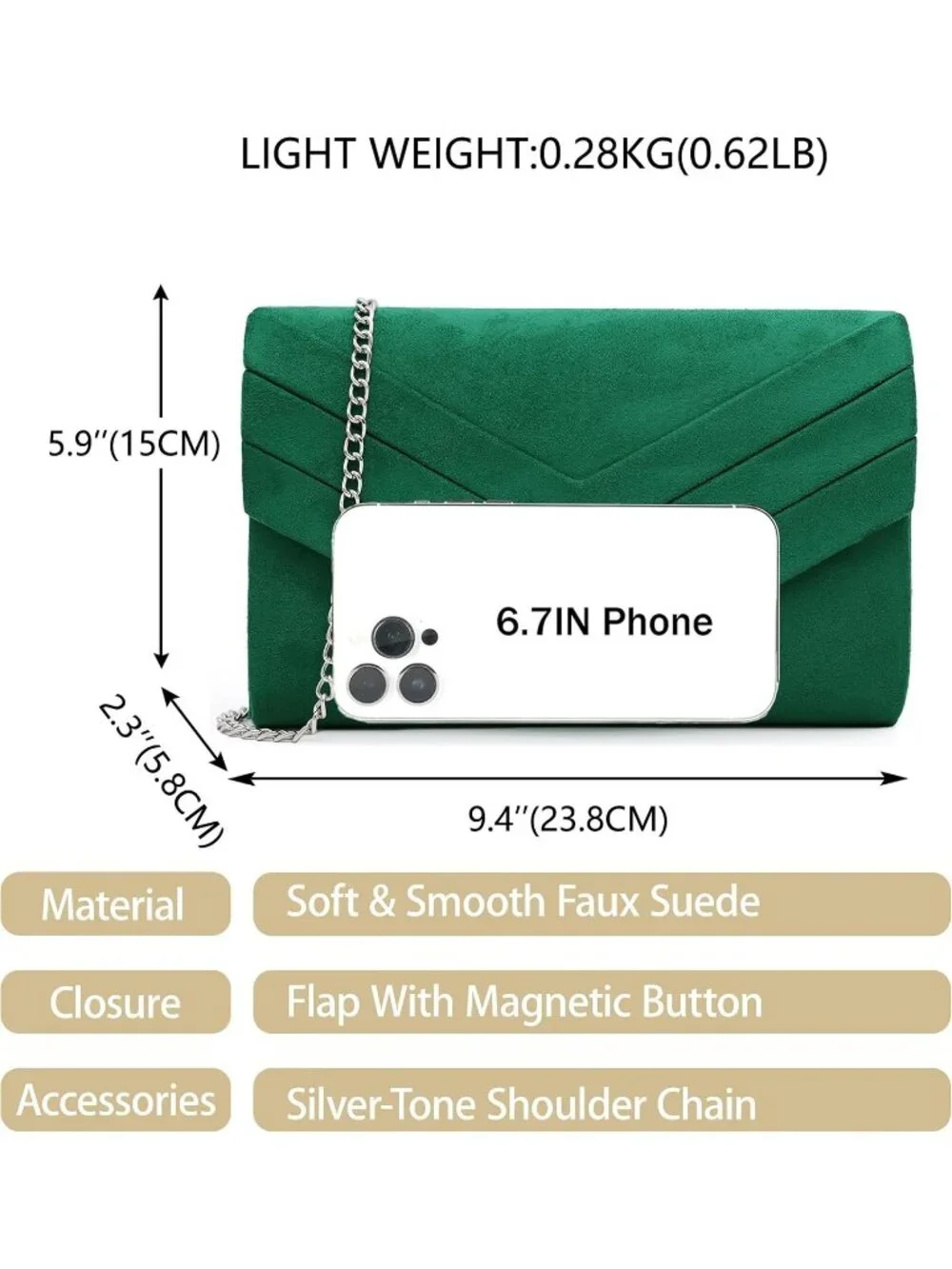 Women's Green Suede Pleated Clutch Purse For Evening Cross Body Bag Chain